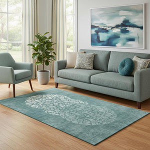 HomeRoots 5' Teal and Ivory Abstract Washable Area Rug with UV Protection, Stain Resistant for Family Homes 653598