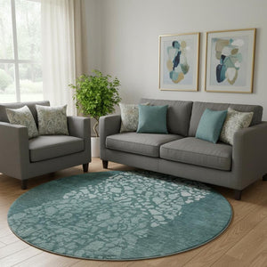 HomeRoots 8' Teal and Ivory Abstract Round Rug - Washable, UV-Protected, Durable for High-Traffic Areas 653599