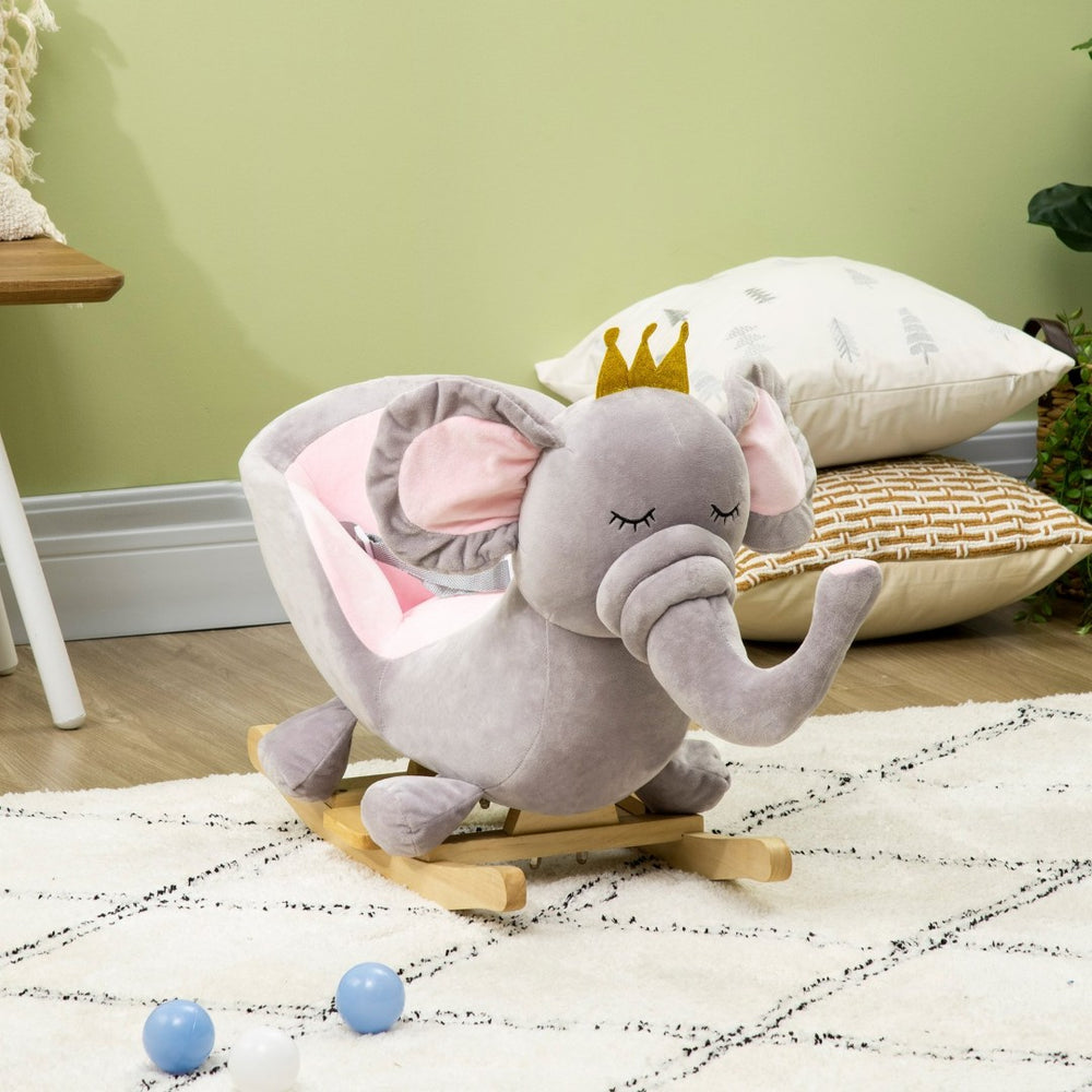 English Elm Qaba Plush Elephant Toddler Rocker with Steel Frame Wooden Base and Sound Effects W2225P200850