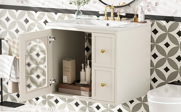 English Elm 24" Modern Wall-Mount Bathroom Vanity with Ceramic Sink, Glass Door Cabinet, 2 Drawers, Soft-Close Beige N710P286704Y