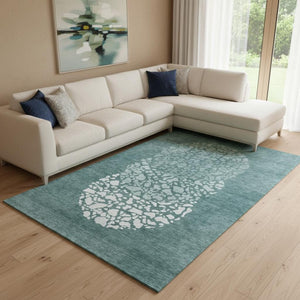 HomeRoots 8' X 10' Teal and Ivory Abstract Washable Area Rug - Durable, Stylish, UV-Protected for High-Traffic Spaces 653600