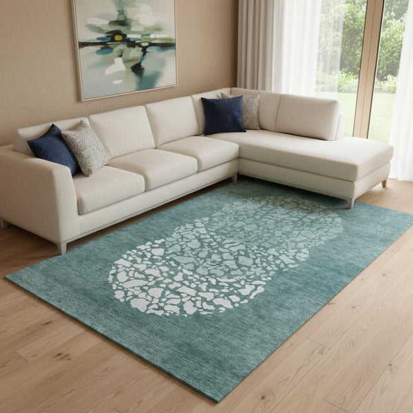 HomeRoots 8' X 10' Teal and Ivory Abstract Washable Area Rug - Durable, Stylish, UV-Protected for High-Traffic Spaces 653600
