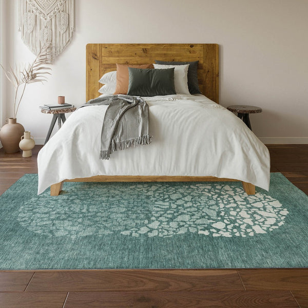 HomeRoots 8' X 10' Teal and Ivory Abstract Washable Area Rug - Durable, Stylish, UV-Protected for High-Traffic Spaces 653600
