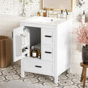 English Elm Modern 24 Inch Bathroom Vanity Solid Wood Cabinet with Ceramic Sink and Soft Close Storage White N729P292859K