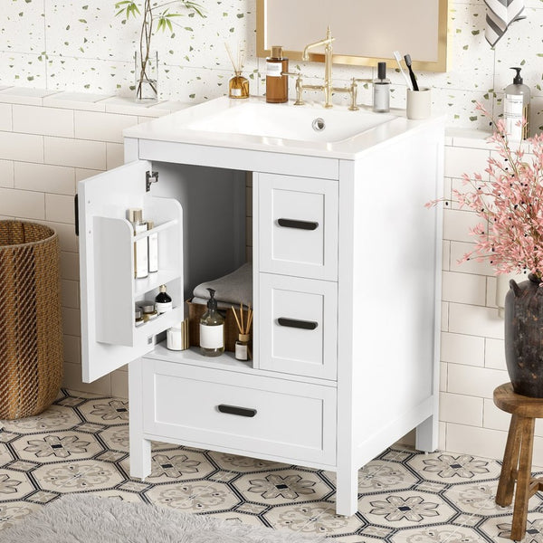 English Elm Modern 24 Inch Bathroom Vanity Solid Wood Cabinet with Ceramic Sink and Soft Close Storage White N729P292859K