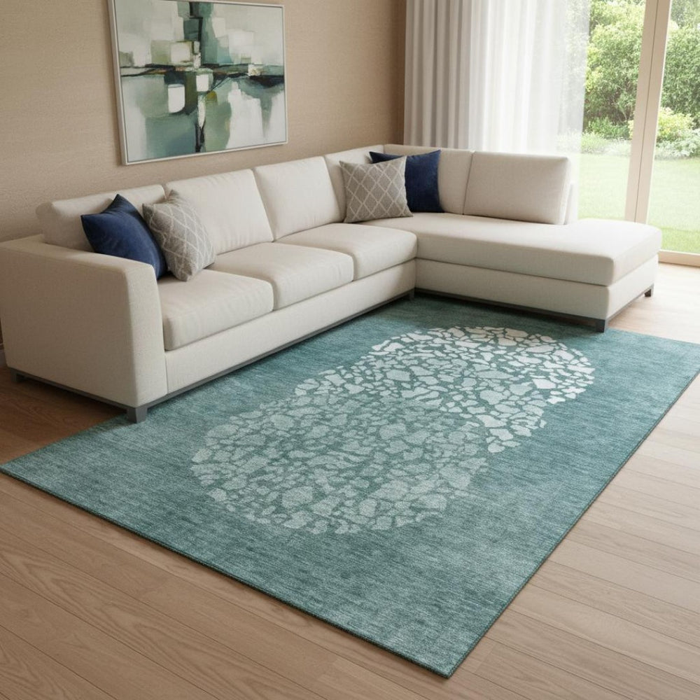 HomeRoots 9' X 12' Teal and Ivory Abstract Area Rug - Washable, UV Protected, Perfect for Homes with Kids & Pets 653601