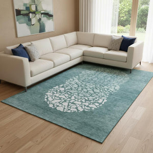 HomeRoots 10' Teal and Ivory Abstract Washable Area Rug - Durable, UV Protected, Perfect for High-Traffic Spaces 653602
