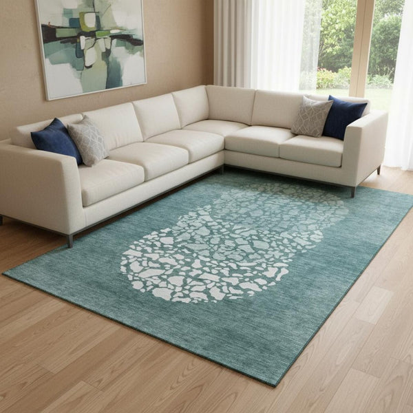 HomeRoots 10' Teal and Ivory Abstract Washable Area Rug - Durable, UV Protected, Perfect for High-Traffic Spaces 653602
