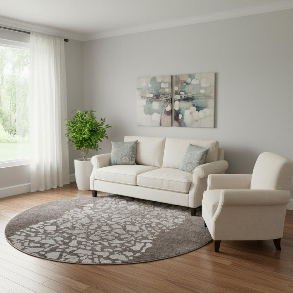 HomeRoots 8' Taupe and Ivory Abstract Washable Round Rug - UV Protected, Durable, Easy Care for Every Room 653605