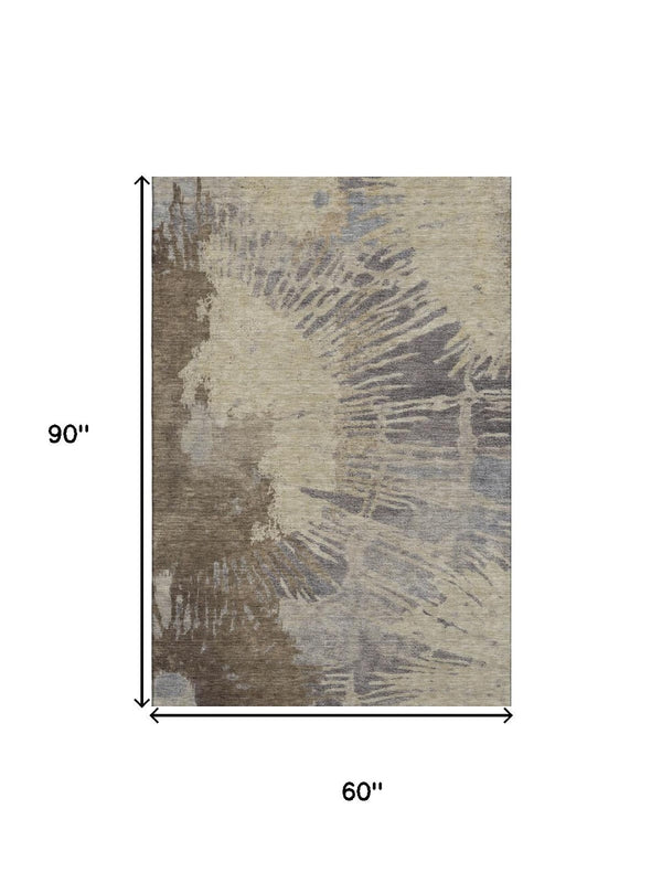HomeRoots 5' X 8' Washable Area Rug in Brown Beige and Gray - Durable, UV-Protected, Modern Design for Homes 653616