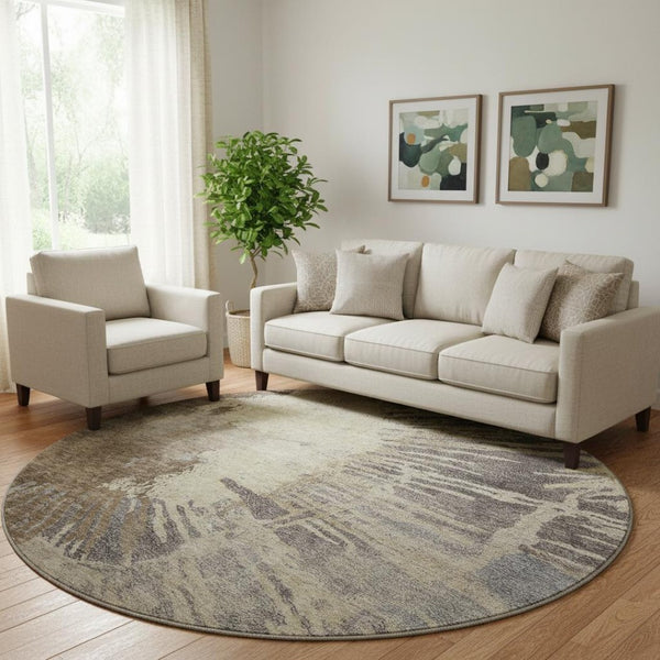 HomeRoots 8' Washable Round Rug in Brown, Beige & Gray - Abstract Design with UV Protection & Stain Resistance 653617