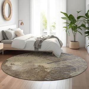 HomeRoots 8' Washable Round Rug in Brown, Beige & Gray - Abstract Design with UV Protection & Stain Resistance 653617