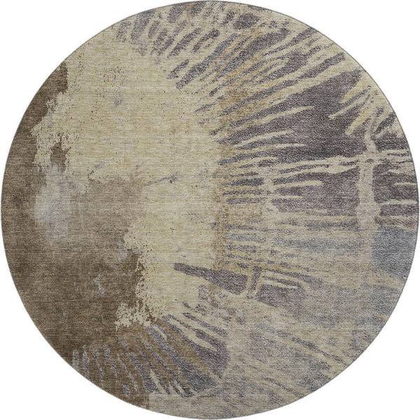 HomeRoots 8' Washable Round Rug in Brown, Beige & Gray - Abstract Design with UV Protection & Stain Resistance 653617