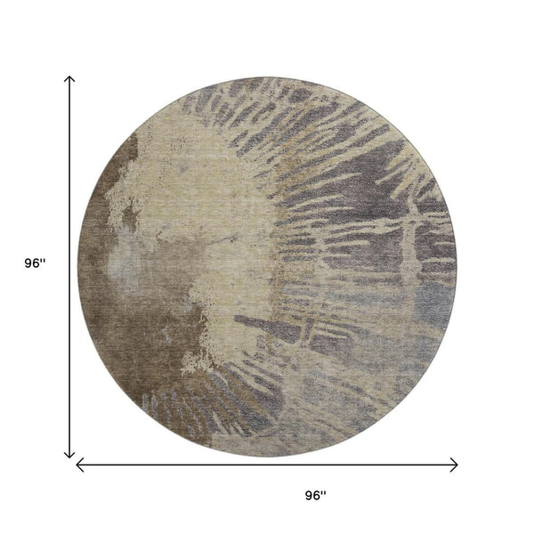 HomeRoots 8' Washable Round Rug in Brown, Beige & Gray - Abstract Design with UV Protection & Stain Resistance 653617