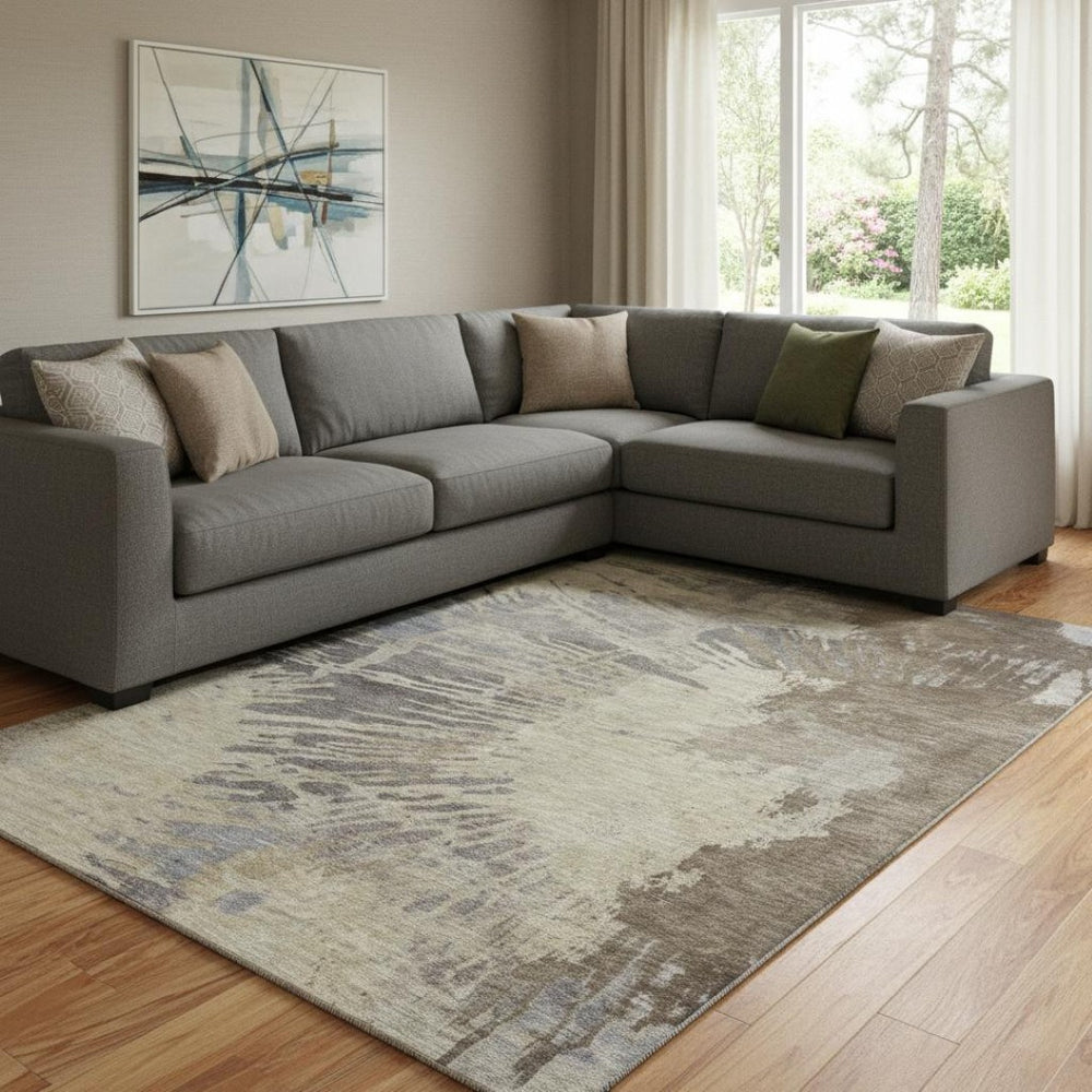 HomeRoots 9' X 12' Washable Area Rug in Brown, Beige & Gray – Stain Resistant, UV Protected, Durable Design 653619