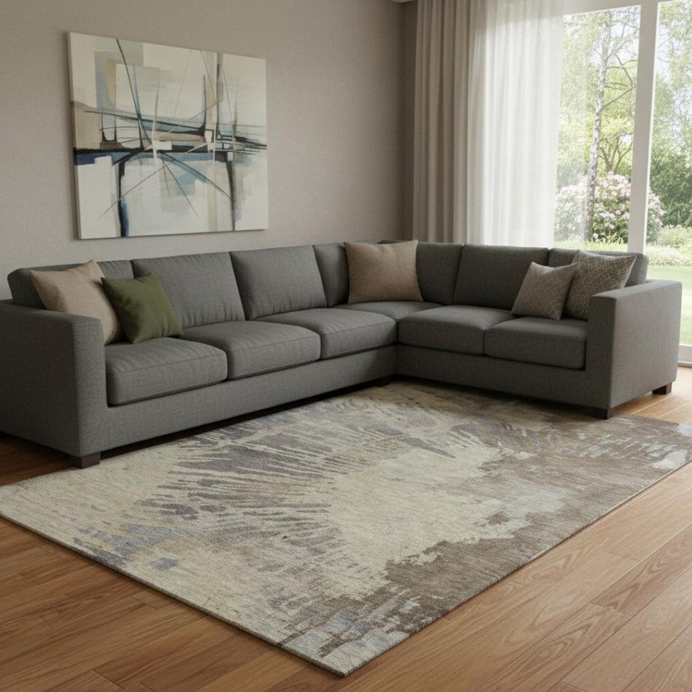 HomeRoots 10' X 14' Modern Abstract Area Rug in Brown, Beige & Gray – Durable, Washable & UV Protected Design 653620