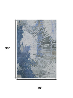 HomeRoots 5' X 8' Blue Ivory Gray Abstract Area Rug – Washable, UV Protected, Durable Design for Busy Homes 653622