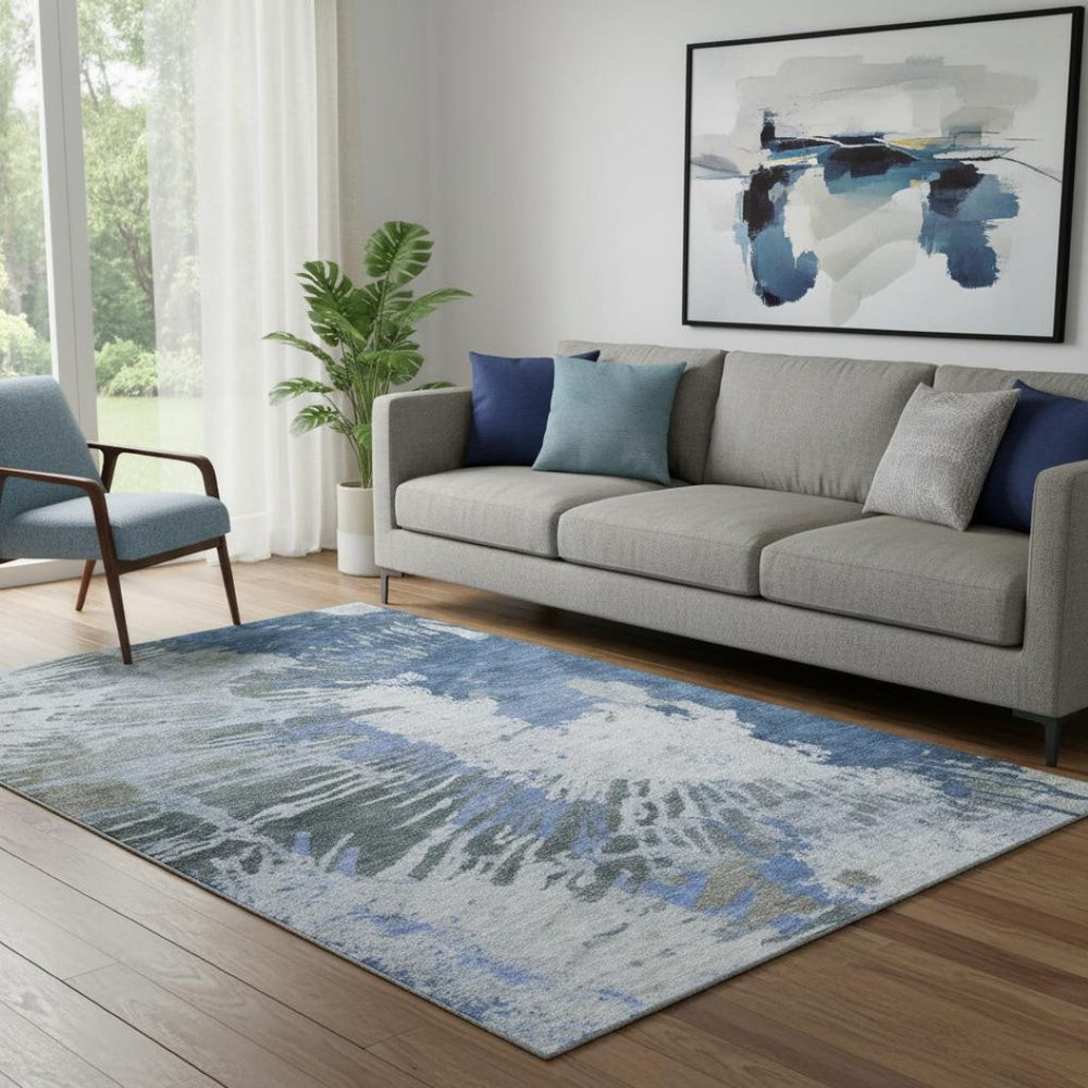 HomeRoots 5' X 8' Blue Ivory Gray Abstract Area Rug – Washable, UV Protected, Durable Design for Busy Homes 653622