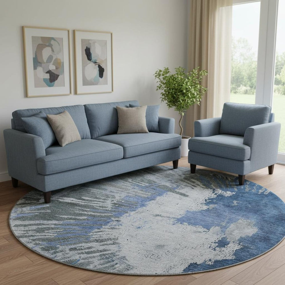 HomeRoots 8' Stylish Blue Ivory Gray Abstract Washable Round Rug - UV Protected, Stain Resistant, Durable Design 653623