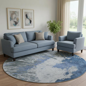 HomeRoots 8' Stylish Blue Ivory Gray Abstract Washable Round Rug - UV Protected, Stain Resistant, Durable Design 653623