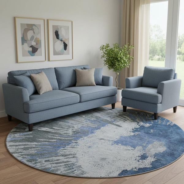 HomeRoots 8' Stylish Blue Ivory Gray Abstract Washable Round Rug - UV Protected, Stain Resistant, Durable Design 653623