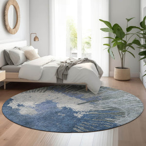 HomeRoots 8' Stylish Blue Ivory Gray Abstract Washable Round Rug - UV Protected, Stain Resistant, Durable Design 653623