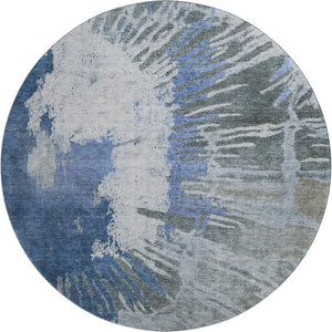 HomeRoots 8' Stylish Blue Ivory Gray Abstract Washable Round Rug - UV Protected, Stain Resistant, Durable Design 653623