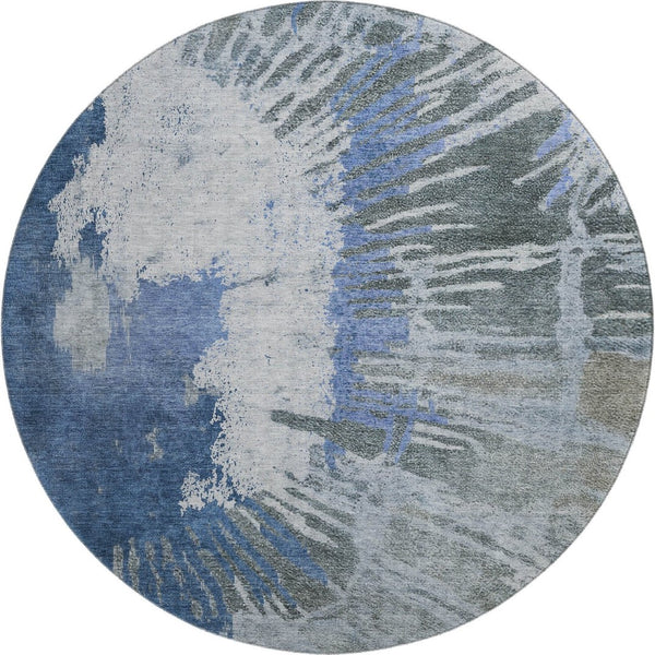 HomeRoots 8' Stylish Blue Ivory Gray Abstract Washable Round Rug - UV Protected, Stain Resistant, Durable Design 653623