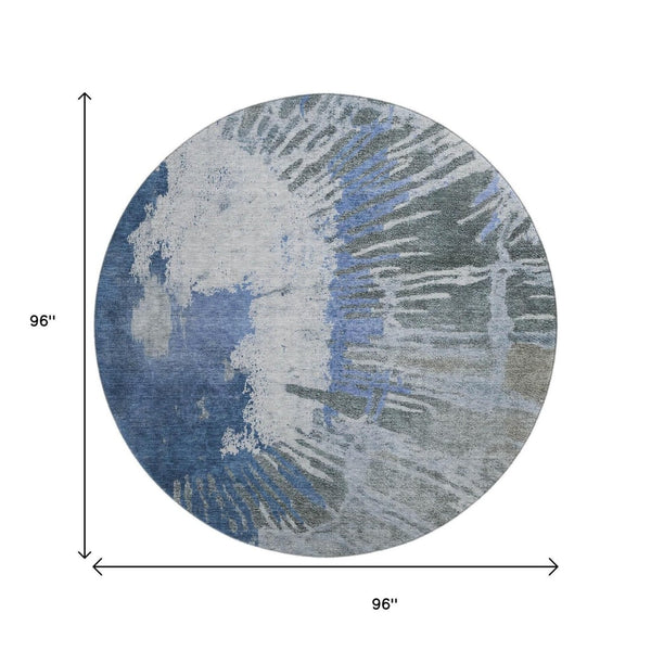 HomeRoots 8' Stylish Blue Ivory Gray Abstract Washable Round Rug - UV Protected, Stain Resistant, Durable Design 653623