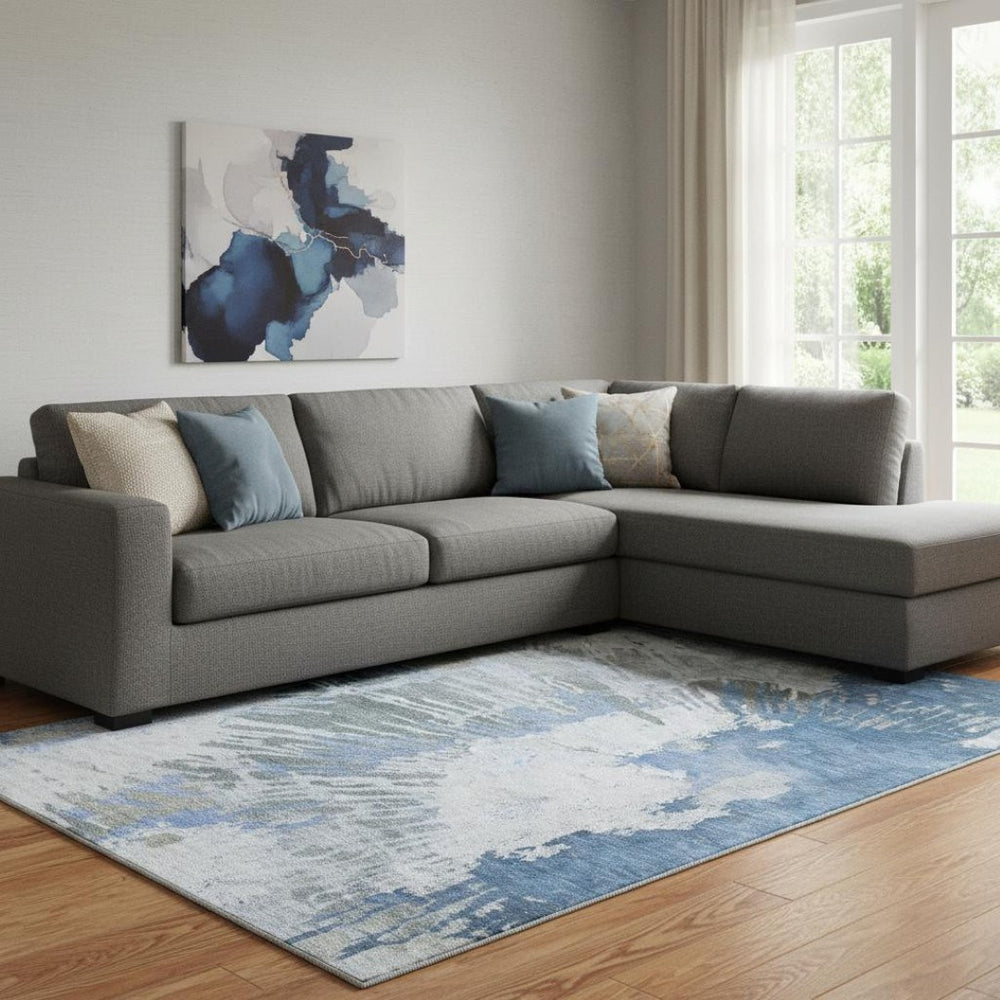 HomeRoots 8' X 10' Modern Blue Ivory Gray Abstract Washable Area Rug with UV Protection & Stain Resistance 653624