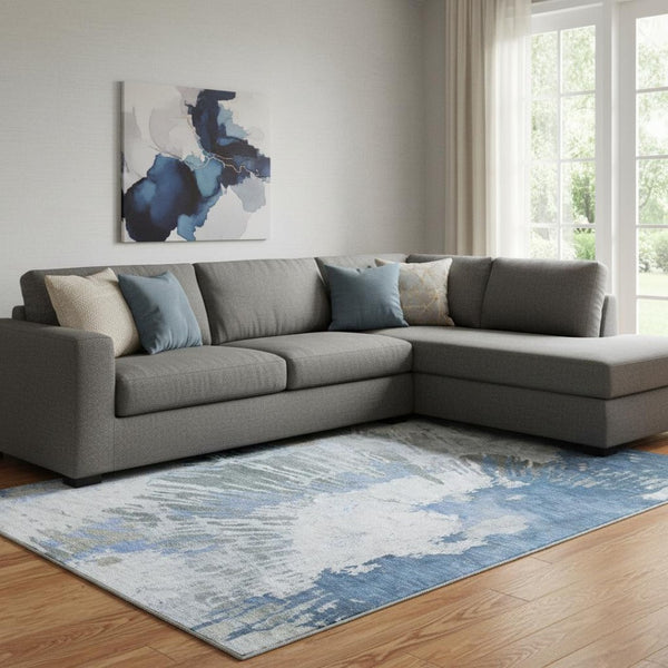 HomeRoots 8' X 10' Modern Blue Ivory Gray Abstract Washable Area Rug with UV Protection & Stain Resistance 653624
