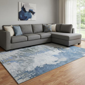 HomeRoots 9' X 12' Blue Ivory Gray Abstract Washable Area Rug - Stain-Resistant, UV Protected & Soft Comfort 653625
