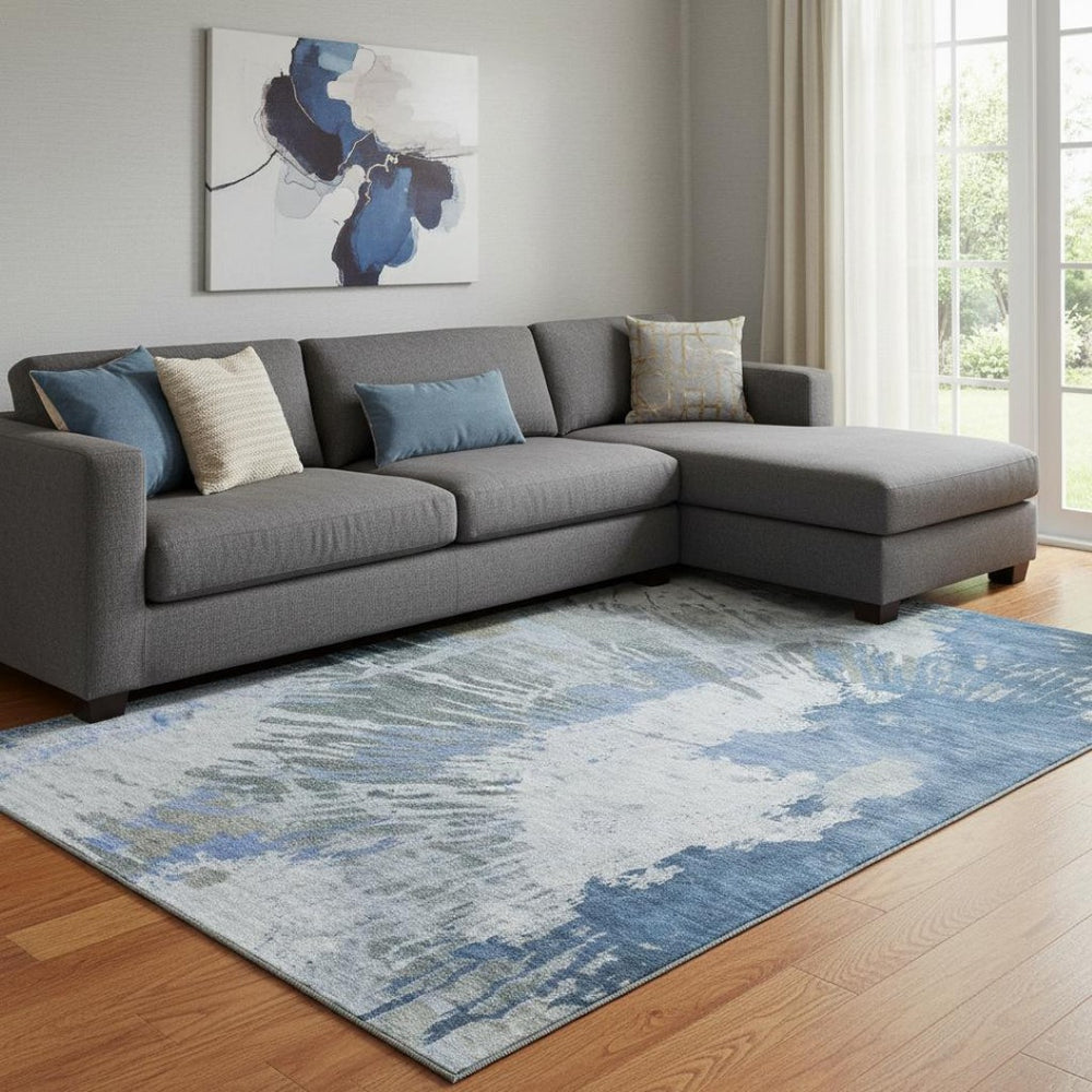 HomeRoots 10' Blue Ivory and Gray Abstract Washable Area Rug with UV Protection – Perfect for Busy Spaces! 653626