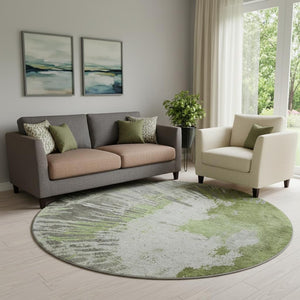 HomeRoots 8' Olive Green Washable Round Rug with Abstract Design, UV Protection, Stain Resistance & Durability 653629