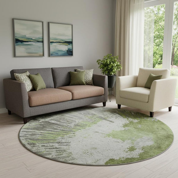 HomeRoots 8' Olive Green Washable Round Rug with Abstract Design, UV Protection, Stain Resistance & Durability 653629