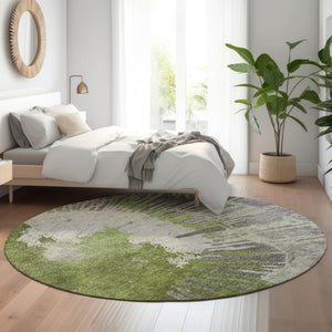 HomeRoots 8' Olive Green Washable Round Rug with Abstract Design, UV Protection, Stain Resistance & Durability 653629