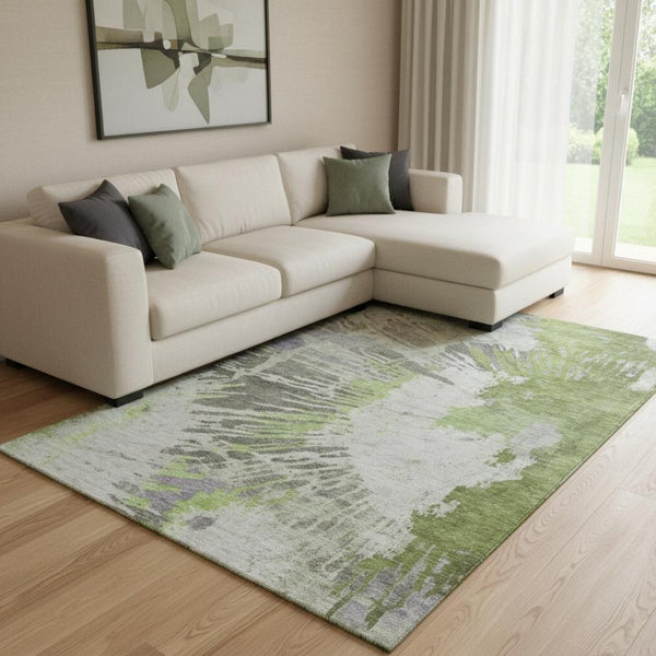 HomeRoots 8' X 10' Washable Olive Green Ivory Gray Abstract Area Rug with UV Protection for High-Traffic Spaces 653630