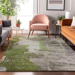 HomeRoots 9' X 12' Olive Green Ivory Gray Abstract Washable Area Rug with UV Protection for Modern Spaces 653631