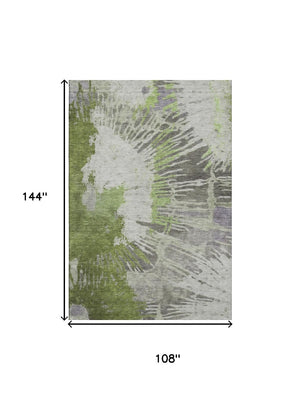 HomeRoots 9' X 12' Olive Green Ivory Gray Abstract Washable Area Rug with UV Protection for Modern Spaces 653631