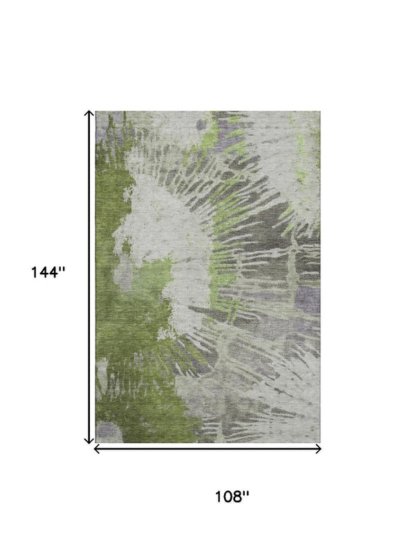 HomeRoots 9' X 12' Olive Green Ivory Gray Abstract Washable Area Rug with UV Protection for Modern Spaces 653631