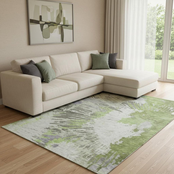 HomeRoots 9' X 12' Olive Green Ivory Gray Abstract Washable Area Rug with UV Protection for Modern Spaces 653631