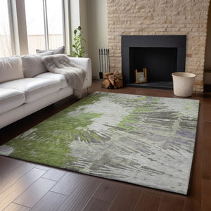 HomeRoots 9' X 12' Olive Green Ivory Gray Abstract Washable Area Rug with UV Protection for Modern Spaces 653631