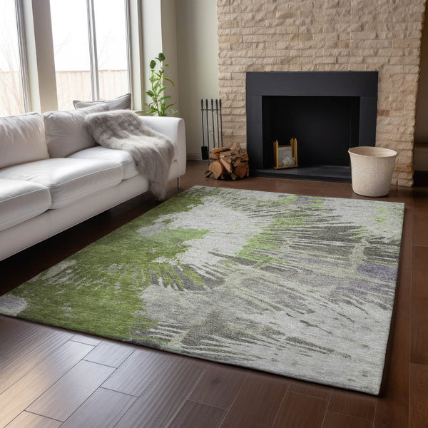 HomeRoots 9' X 12' Olive Green Ivory Gray Abstract Washable Area Rug with UV Protection for Modern Spaces 653631