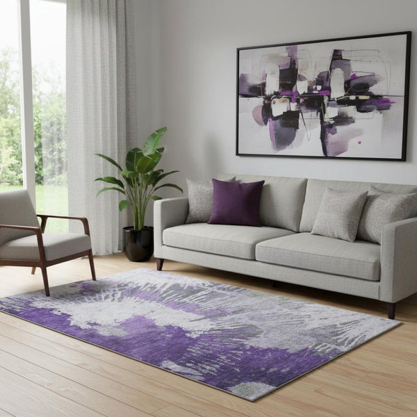 HomeRoots 5' X 8' Modern Purple Ivory Gray Abstract Area Rug - Washable, UV Protected, Durable & Stylish 653634