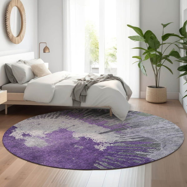 HomeRoots 8' Washable Round Rug in Purple, Ivory & Gray - UV-Protected, Durable, Perfect for Kids & Pets! 653635