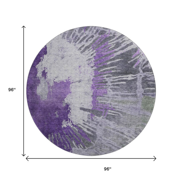 HomeRoots 8' Washable Round Rug in Purple, Ivory & Gray - UV-Protected, Durable, Perfect for Kids & Pets! 653635