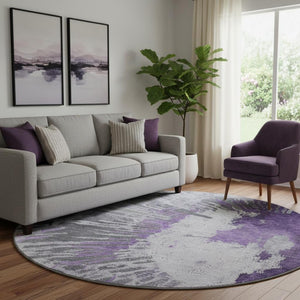 HomeRoots 8' Washable Round Rug in Purple, Ivory & Gray - UV-Protected, Durable, Perfect for Kids & Pets! 653635