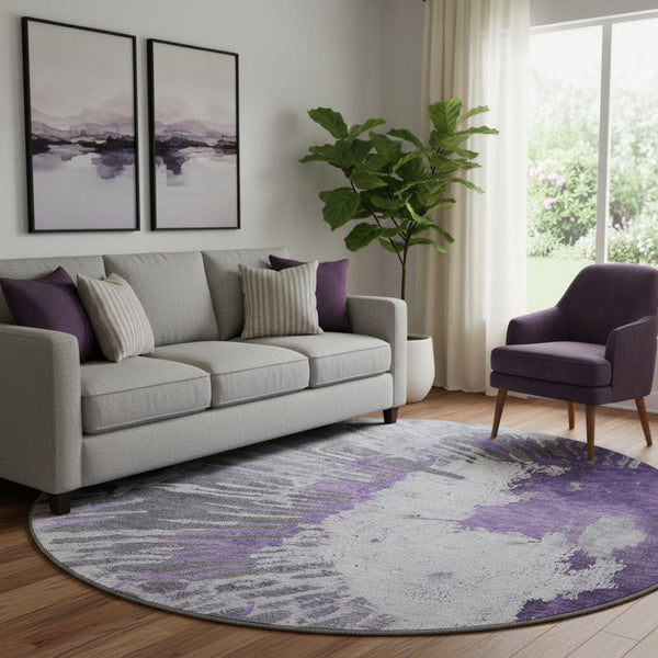 HomeRoots 8' Washable Round Rug in Purple, Ivory & Gray - UV-Protected, Durable, Perfect for Kids & Pets! 653635