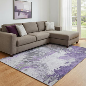 HomeRoots 9' X 12' Stylish Purple, Ivory, & Gray Abstract Washable Area Rug with UV Protection for Homes 653637