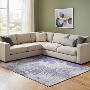 HomeRoots 10' X 14' Modern Purple Ivory Gray Abstract Area Rug - Washable, UV Protected, Durable & Stylish! 653638